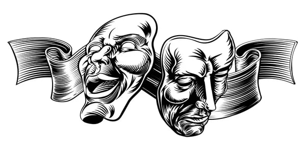 A black and white illustration of comedy and tragedy masks in front of an unfurling ribbon. The smiling comedy mask is facing upwards, while the frowning tragedy mask is looking down.