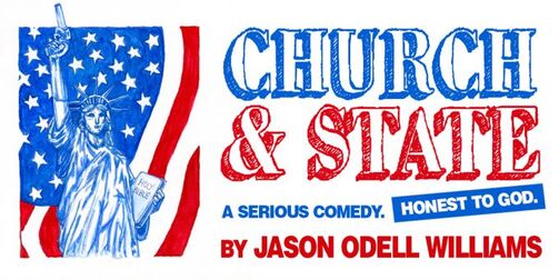 The logo for Church and State is split vertically at the one-third mark from the left hand side. The left one-third has a drawing of the Statue of Liberty, holding a pistol in place of her torch and a Bible in place of her tablet, against a backdrop of an American flag, hanging vertically, with the star field in the upper left corner and portions of 8 red and white alternating stripes along the bottom and right hand side. The right two-thirds features the words 