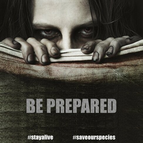 The logo of How To Survive A Zombie Apocalypse is split horozontally about one-third from the top edge of the picture. The top one-third is an extremem closeup of the upper half of a white person's face. Their fingertips are curled over the grey border as though they are pulling down a blanket. The fingertips are grimy, fingernails caked in dark dirt. Lank dark hair surrounds the face, leaving only the bridge of the nose, eyes, part of  the eyebrows, and the forehead visible. The figure's eyes are staring directly at the camera.The bottom two-thirds is greyscale, with hints of red, patterned to look like an old blanket. In the foreground, the words 