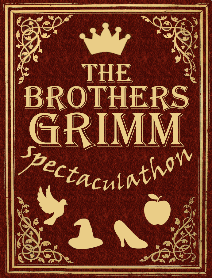 The Brothers Grimm Spectaculathon logo features a stylized antique book with a red leather cover and glit detail. There is a border around the entire cover featuring one thin line, a space the same size as the thin line, a thick line, a space the size of the thick line, another thick line, a space the size of the thin line, and another thin line, all in gilt gold. All four corners have a decorative intricate  knot of leaves and vines, also in gilt gold. There is a simple gold crown outlined at the top center of the cover. Underneath that, the words 