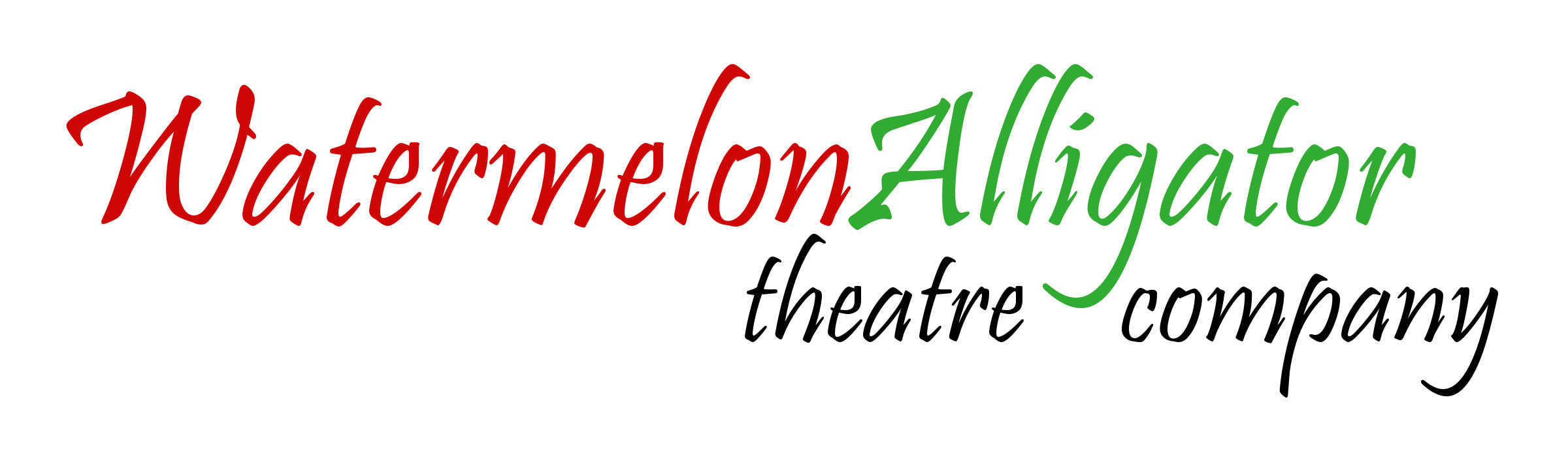 Logo for WatermelonAlligator Theatre Company: Logo is in a calligraphic script called Pristina. The word Watermelon is in red, and the word Alligator is in green; both are in font size 300. On a second line beneath that are the words 